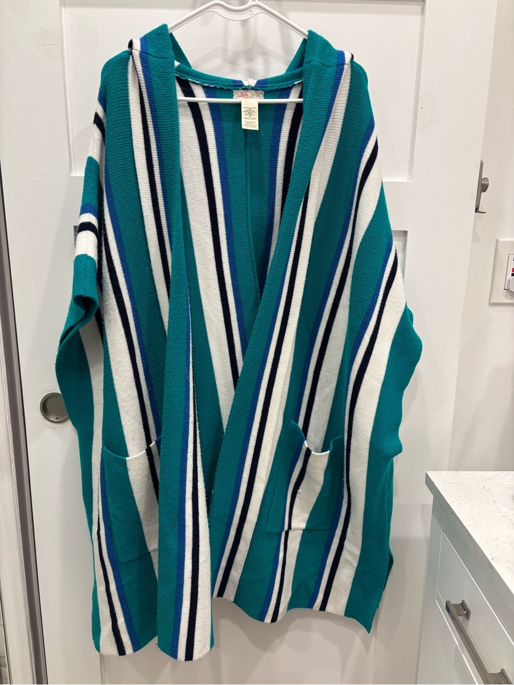Free People Teal, White & Navy Striped Hooded Cardigan